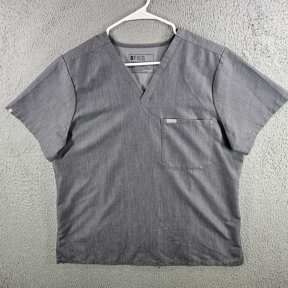 FIGS Technical Collection Womens XL Grey V-Neck One Pocket Scrub Top Heathered